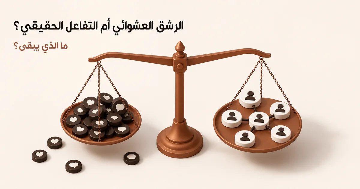 ميزان نحاسي يقارن رموزاً داكنة متفرقة بملفات بيضاء مترابطة ويرمز إلى الفرق بين الرشق والتفاعل الحقيقي