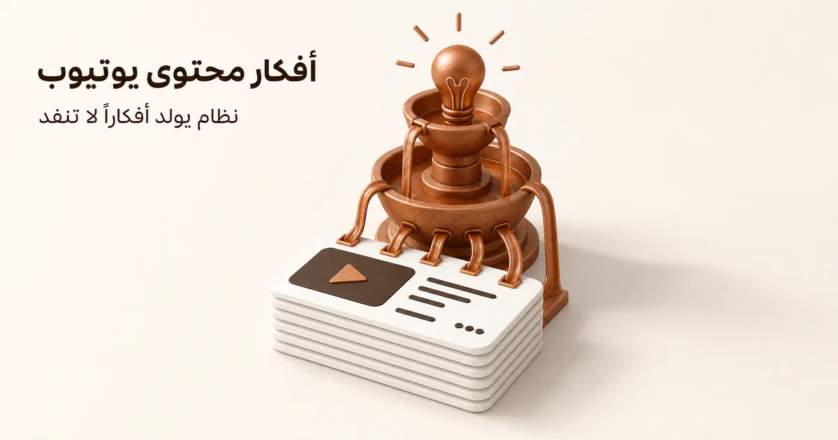 نافورة أفكار نحاسية فوق بطاقات فيديو بيضاء ترمز إلى توليد محتوى يوتيوب مستمر