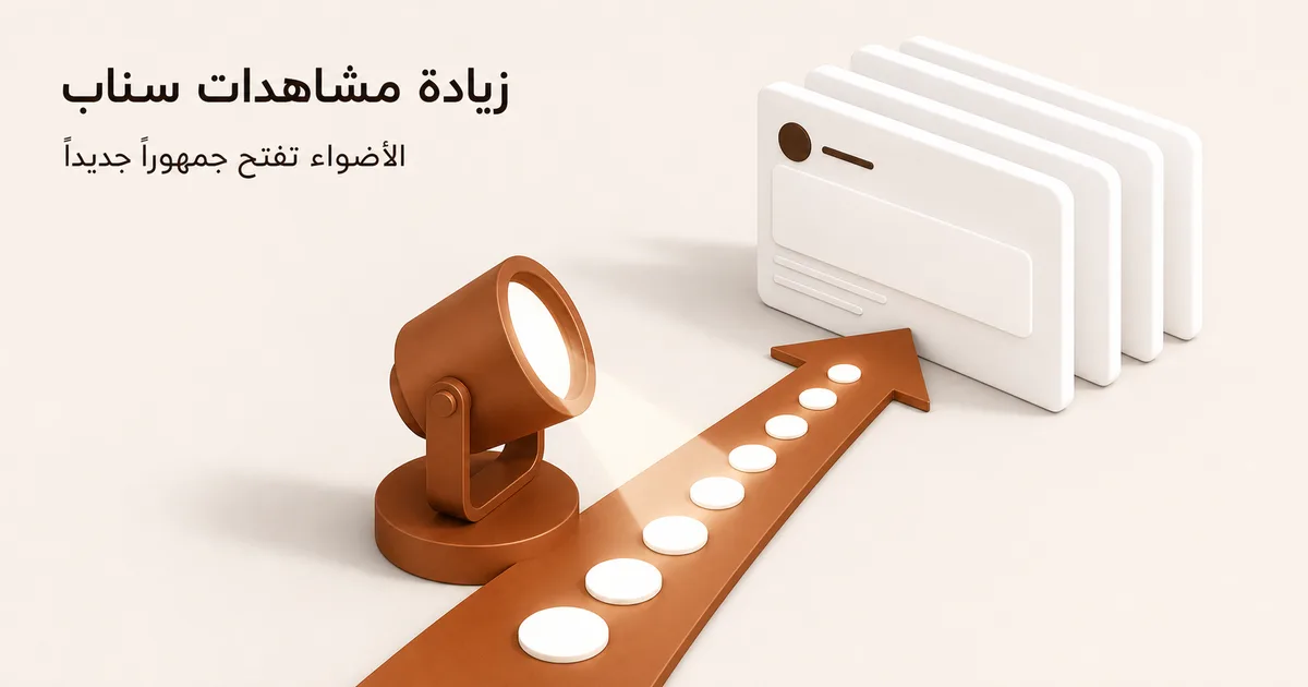 كشاف نحاسي يضيء مساراً نحو بطاقات قصص بيضاء ترمز إلى اتساع المشاهدات