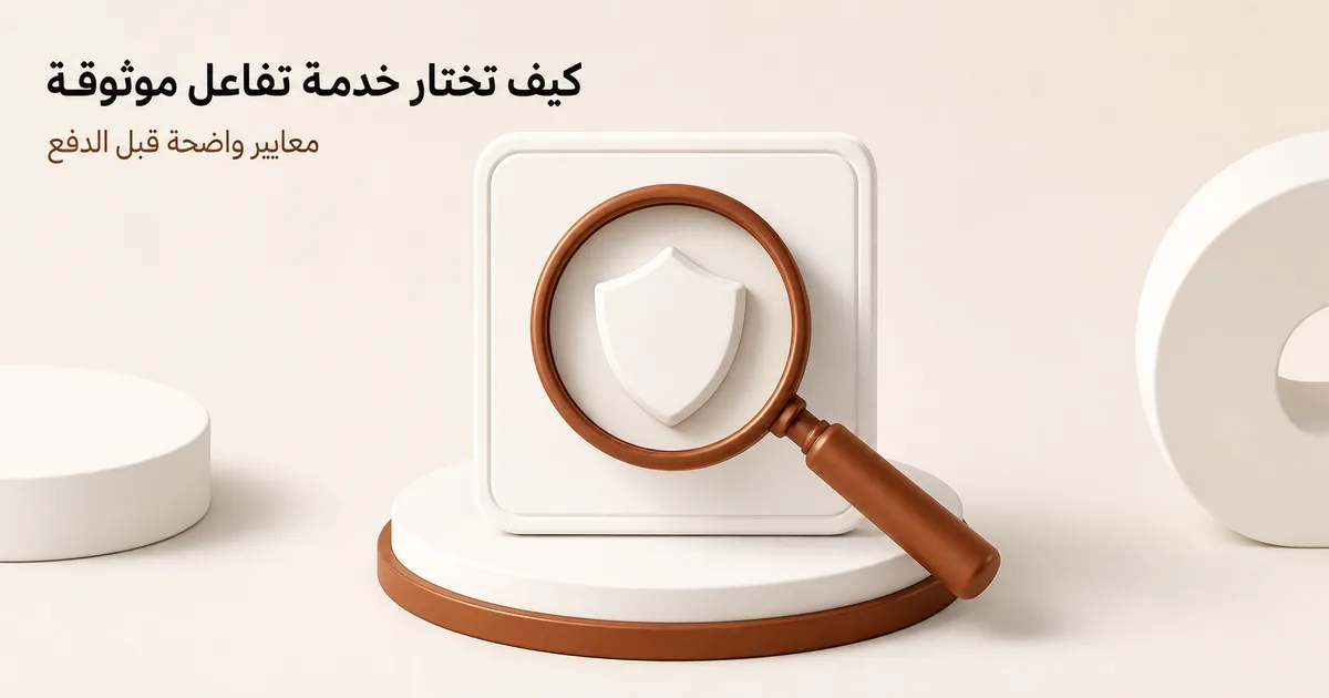 عدسة مكبرة نحاسية تفحص درعاً أبيض على بطاقة خدمة وترمز إلى التحقق من موثوقية المتجر