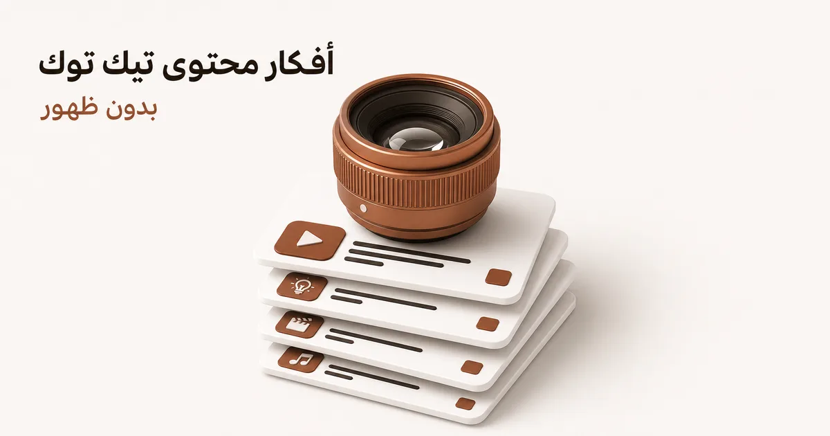 عدسة تصوير نحاسية فوق بطاقات محتوى بيضاء ترمز إلى أفكار فيديو بلا ظهور