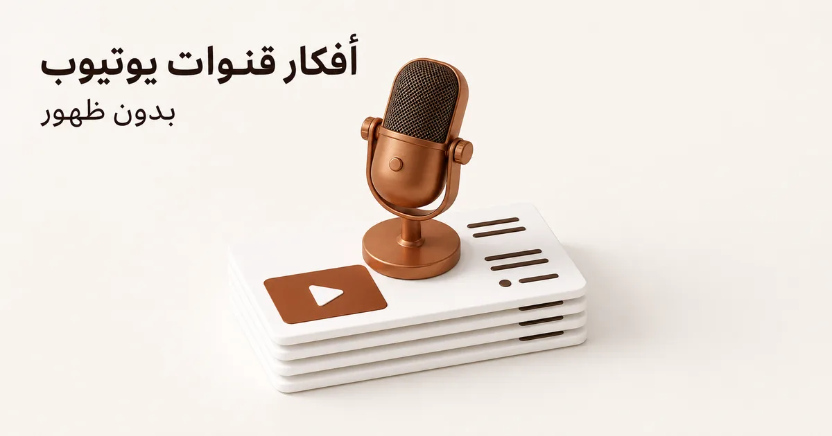 ميكروفون استوديو نحاسي فوق بطاقات محتوى بيضاء يرمز إلى قنوات يوتيوب بلا ظهور